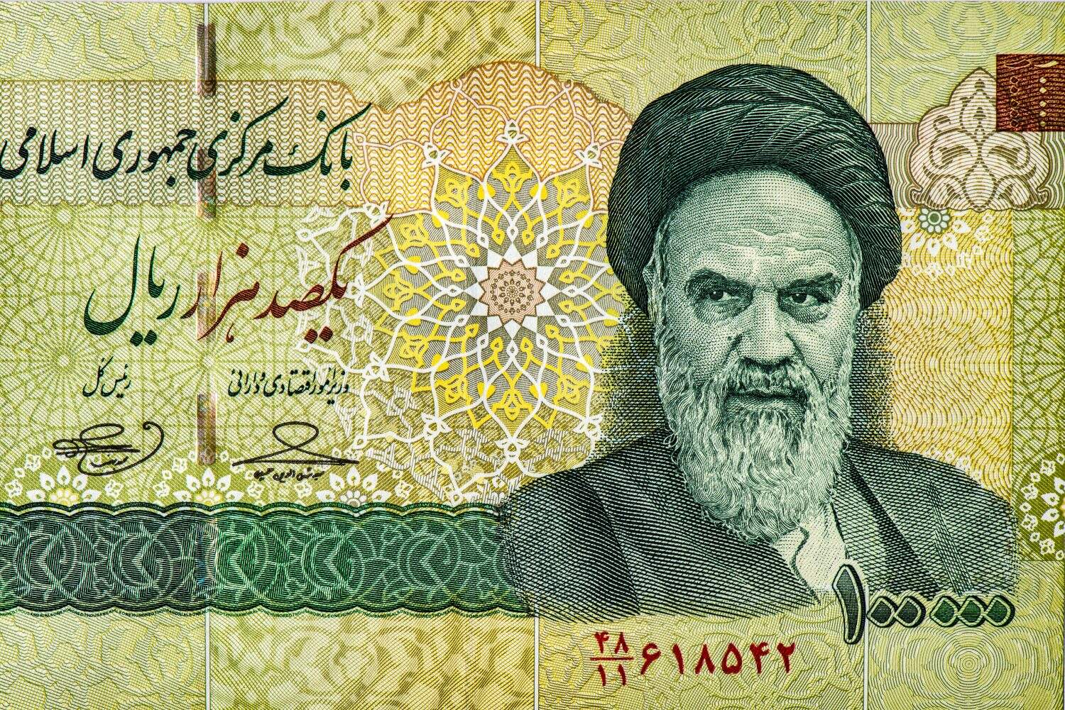 Ayatollah Ruhollah Khomeini, Portrait from Iran 100000 Rials 2010 Banknotes.