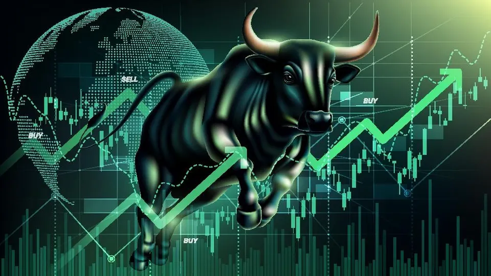 bullish market trend with a charging bull and upward stock market graph, symbolizing rising prices and financial optimism in global trading, vector illustration.