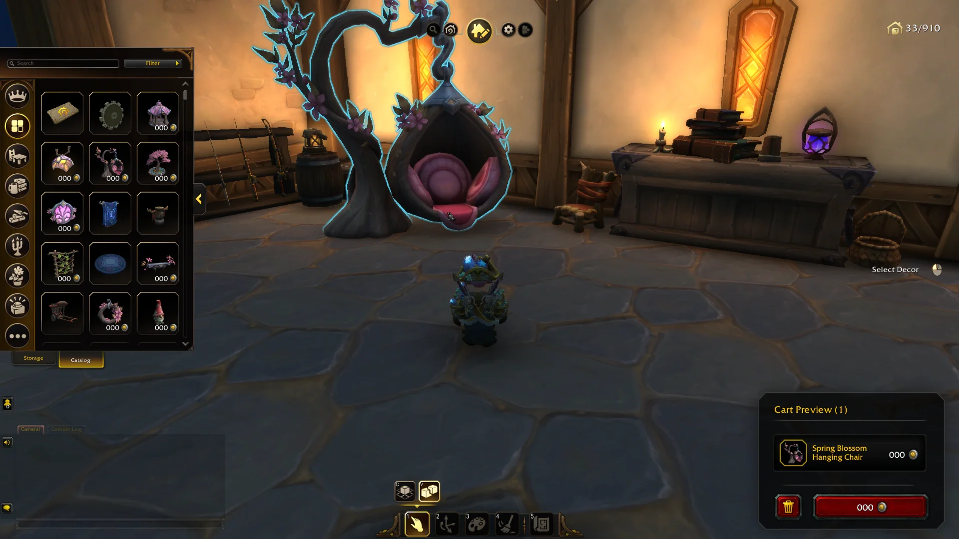 A screenshot of the world of warcraft housing catalogue as seen in the game. We see the inside of a house with a tree-hanging chair, and there's a UI pop-up box that it seems to have been selected from