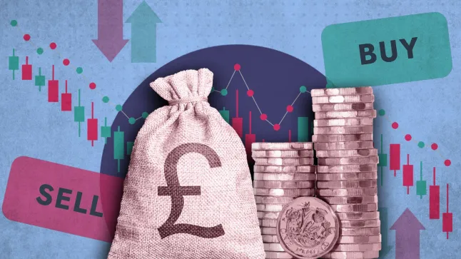 A creative image composition with a blue background and a stock graph with red and green lines on. There is a box with 'BUY' and another with 'SELL' written on them. In the centre there is a bag with a pound sign on and a stack of coins.