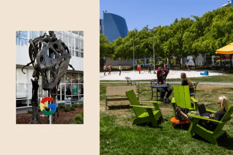 Bloomberg via Getty Images Two images: A Google Inc. logo hangs from the skeleton of Tyrannosaurus Rex inside the Googleplex headquarters in Mountain View, and the beach volley court.