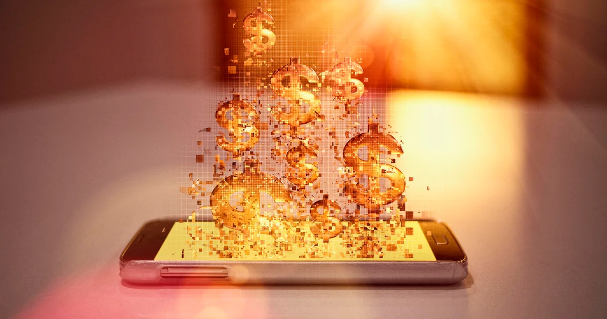 Pixelated dollar signs floating over cell phone