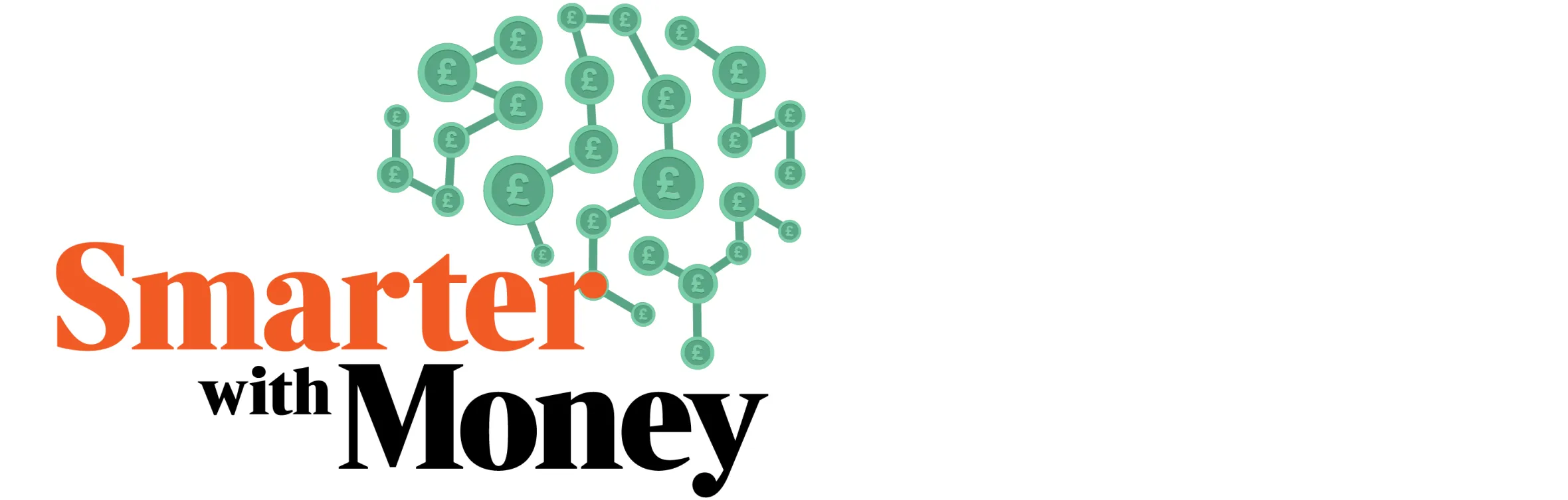 Illustration of a logo with "Smarter with Money" in orange and black text, and a network of connected pound sterling symbols forming a brain shape above it.