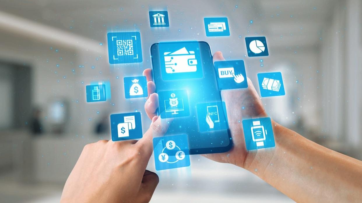 Digital wallet icons show mobile payment, digital wallet transfer, and online banking. Digital wallet supports secure payment, cashless transactions, and financial integration. Gist