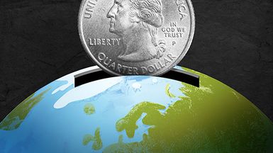 Earth Day, photo illustration image: Quarter dropping into slot in top of globe.
