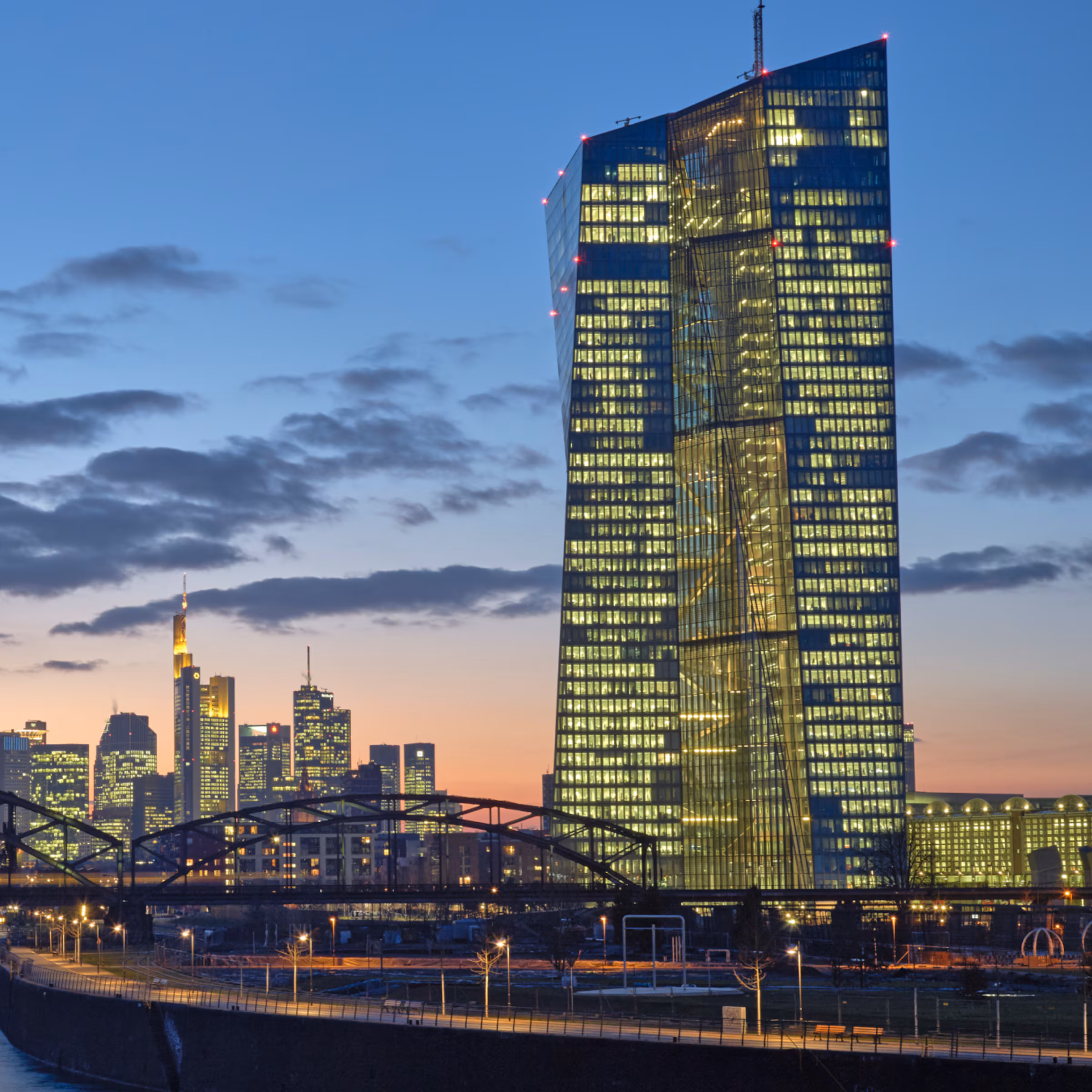 Frankfurt’s banking skyline with the European Central Bank tower in view.