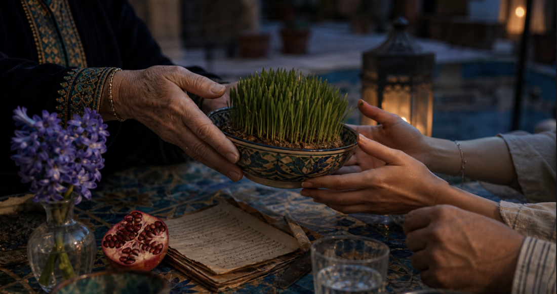 Older hands pass a ceramic bowl of sprouting wheat to younger hands across a richly tiled table.