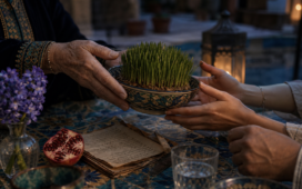 Older hands pass a ceramic bowl of sprouting wheat to younger hands across a richly tiled table.