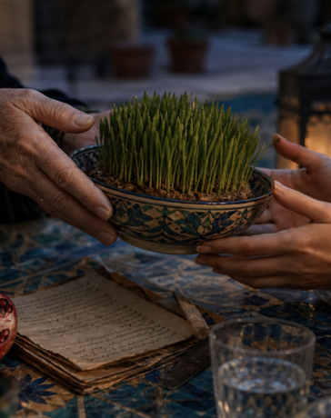 Older hands pass a ceramic bowl of sprouting wheat to younger hands across a richly tiled table.