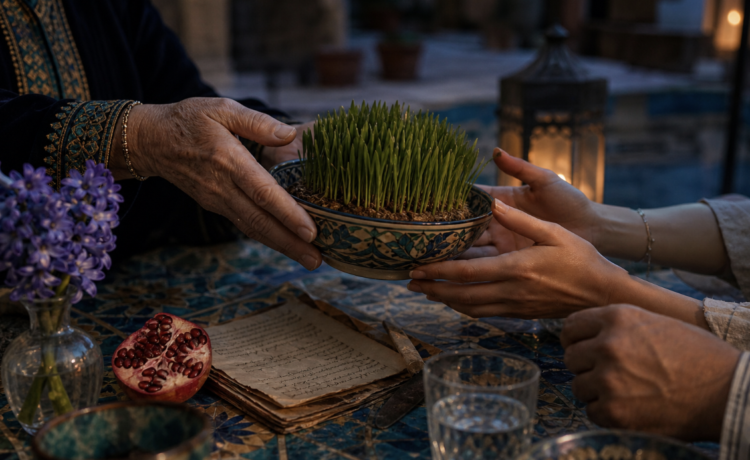 Older hands pass a ceramic bowl of sprouting wheat to younger hands across a richly tiled table.