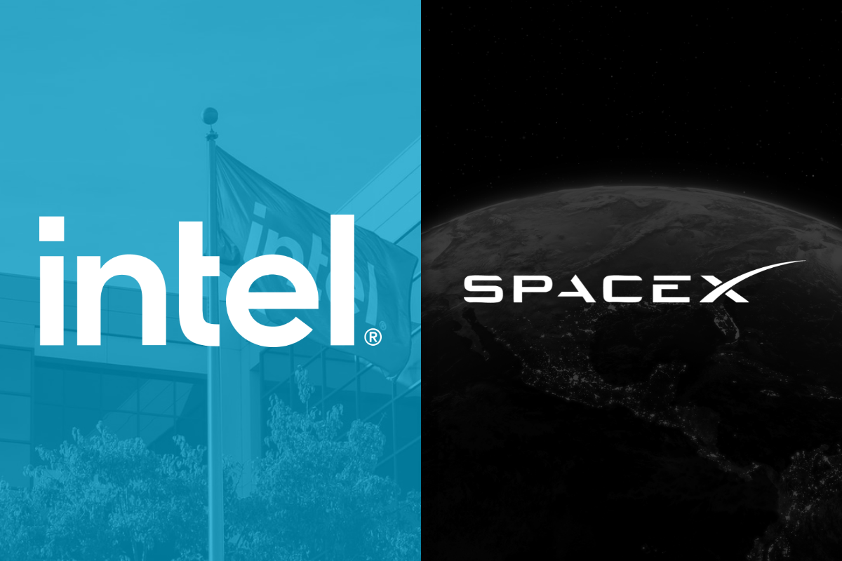 Intel and SpaceX logos side by side over Intel headquarters and Earth from space