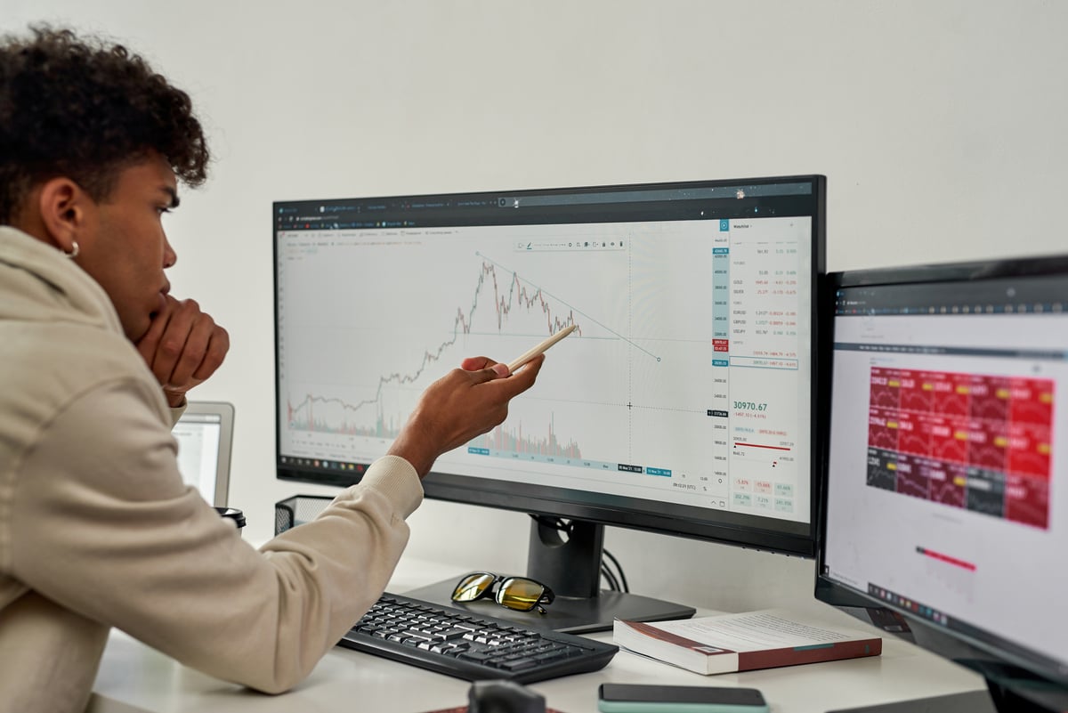 Analyst studying stock charts on two desktop screens. 
