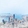 Asia Business concept for real estate - panoramic modern cityscape building bird eye aerial view under sunrise and morning blue bright sky in Hong Kong (HK), China. Mix hand drawn sketch illustration