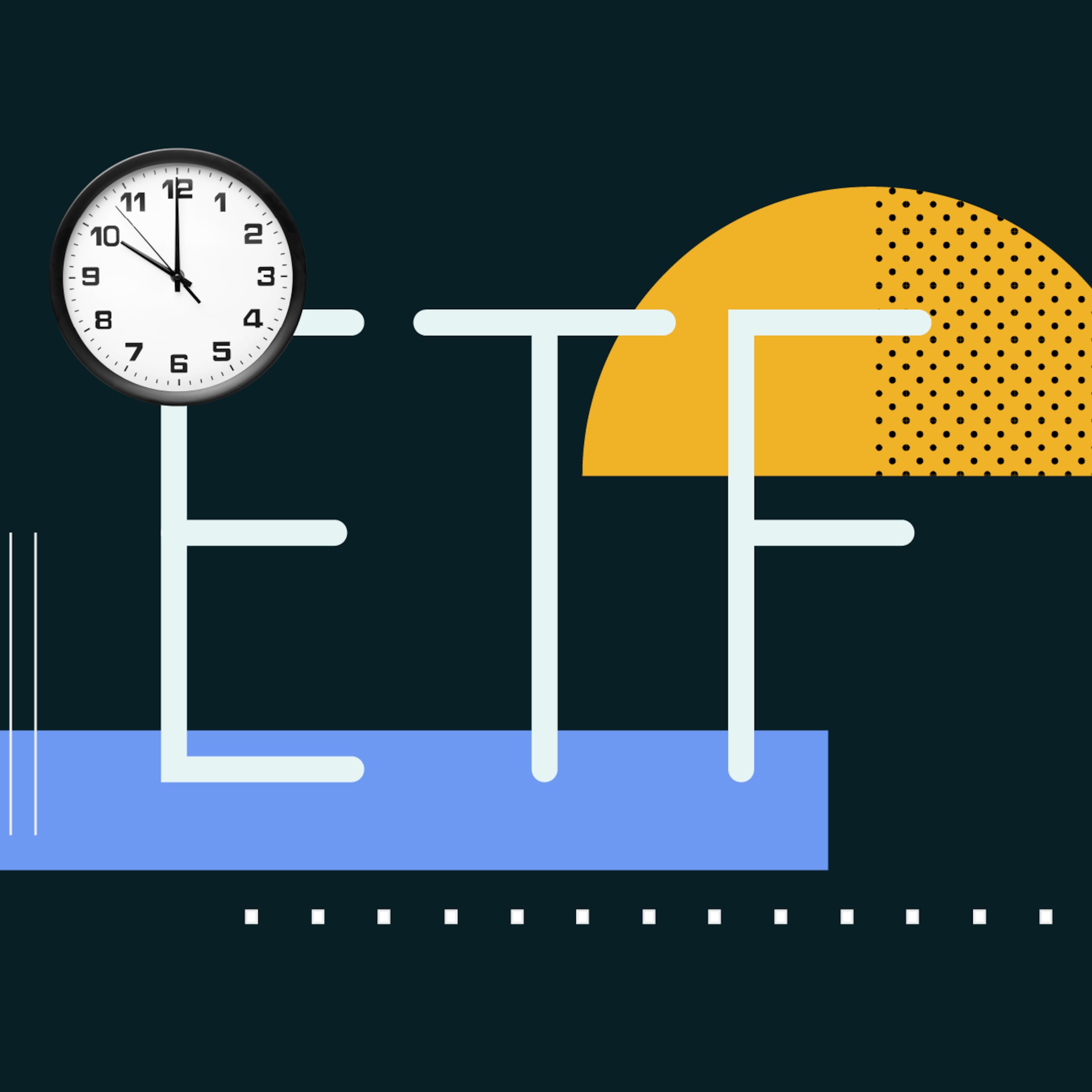 Collage illustration of the word "ETF" with a clock and shapes in the background.