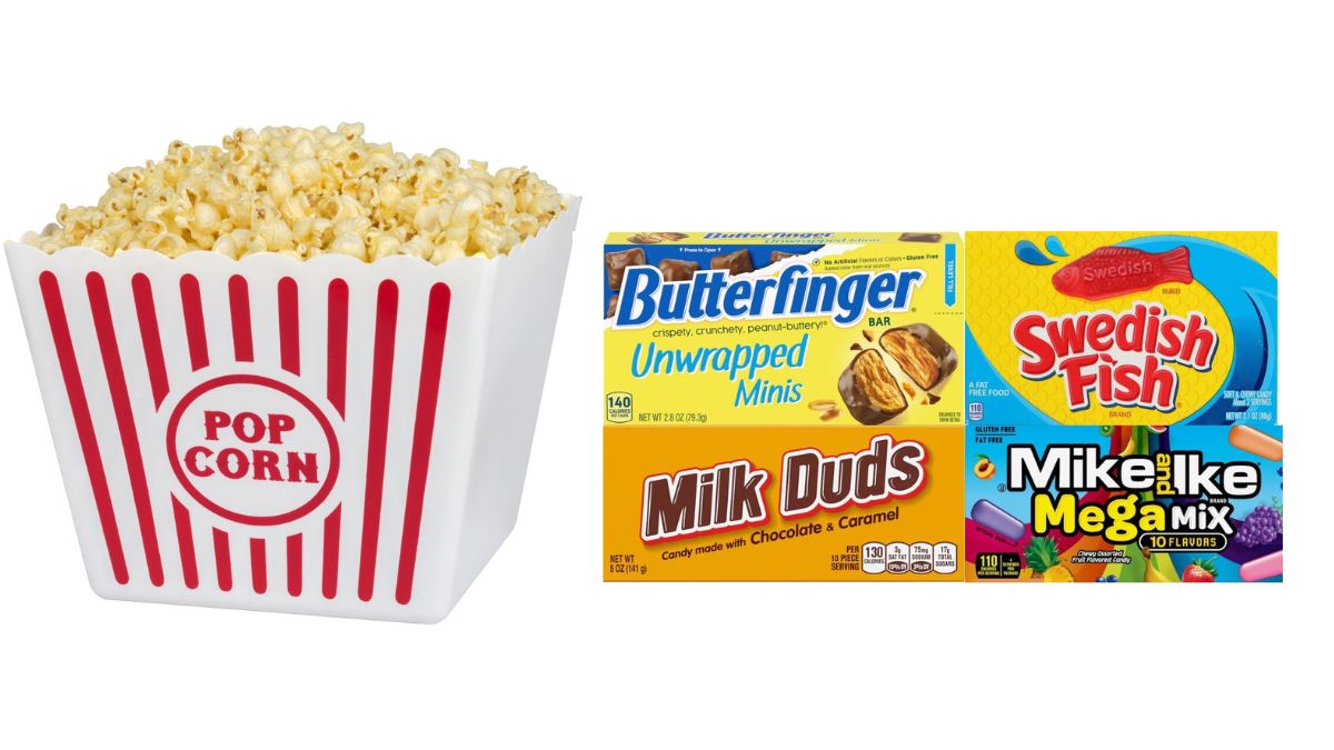 popcorn tub and assorted movie theater candy boxes