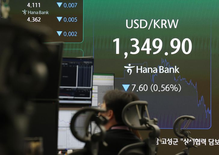 The won-dollar exchange rate is displayed in the dealing room of Hana Bank in Seoul, Friday. Yonhap