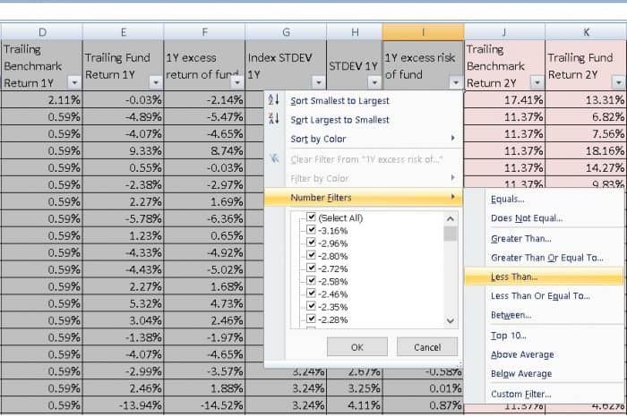 Excess-return vs excess risk screener: screenshot one