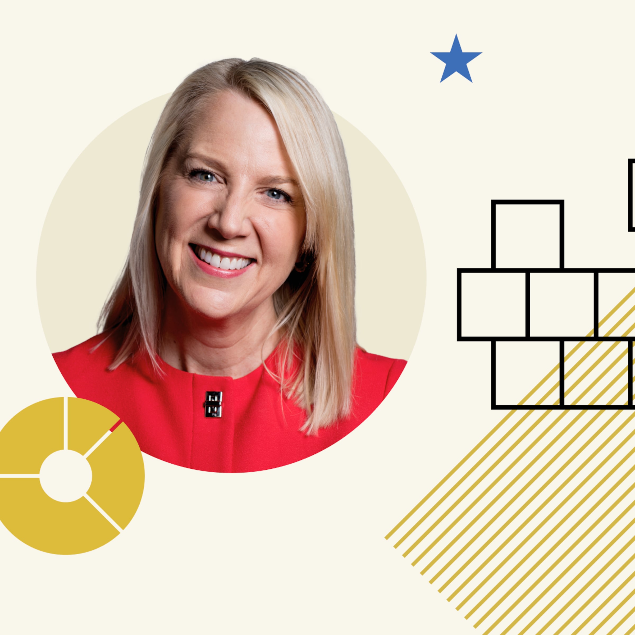 Photo collage illustration of Christine Benz with icons and shapes