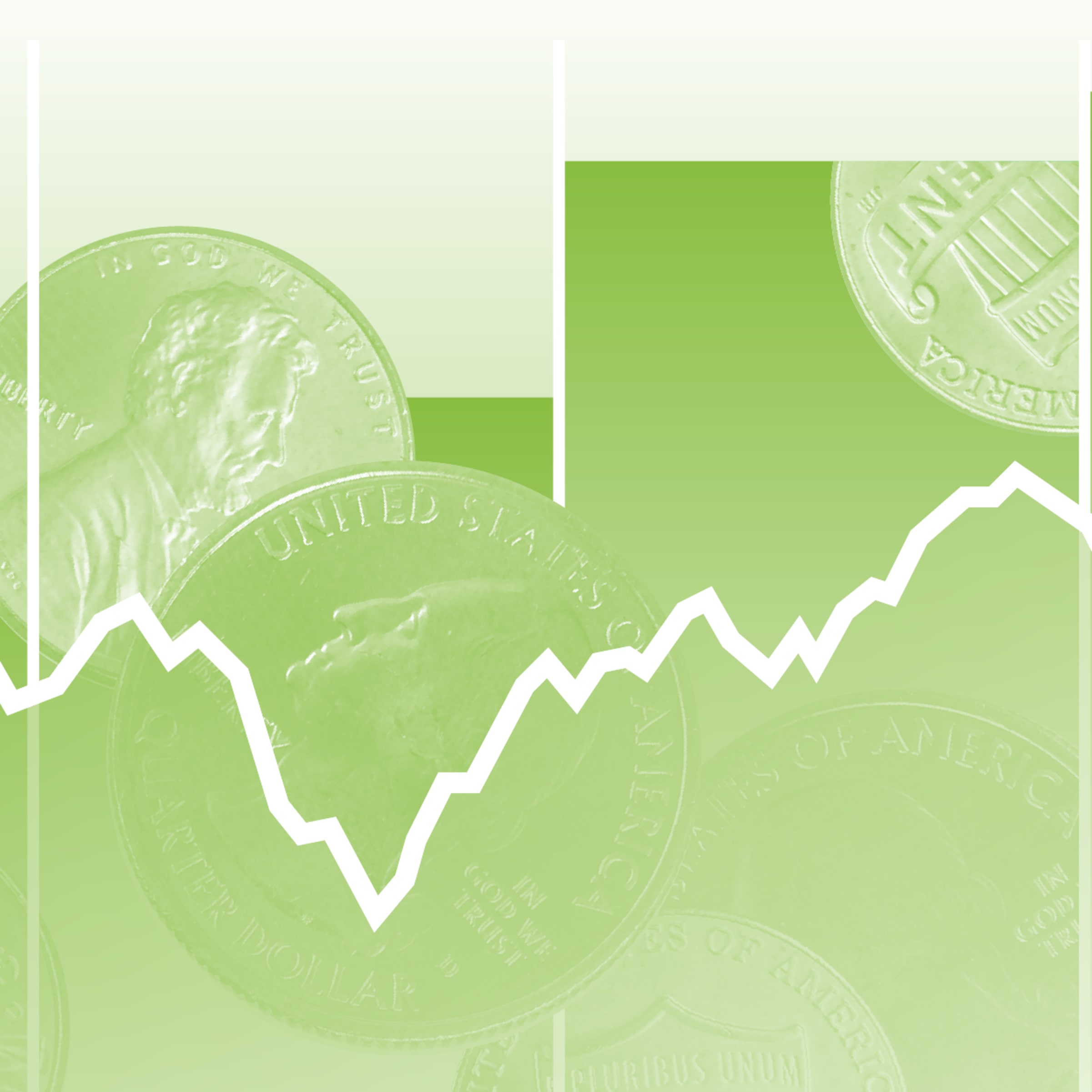 Illustration of a green bar graph with images of U.S. coins and a white line graph on top of the bar graph in front of a light green background depicting increasing dividends