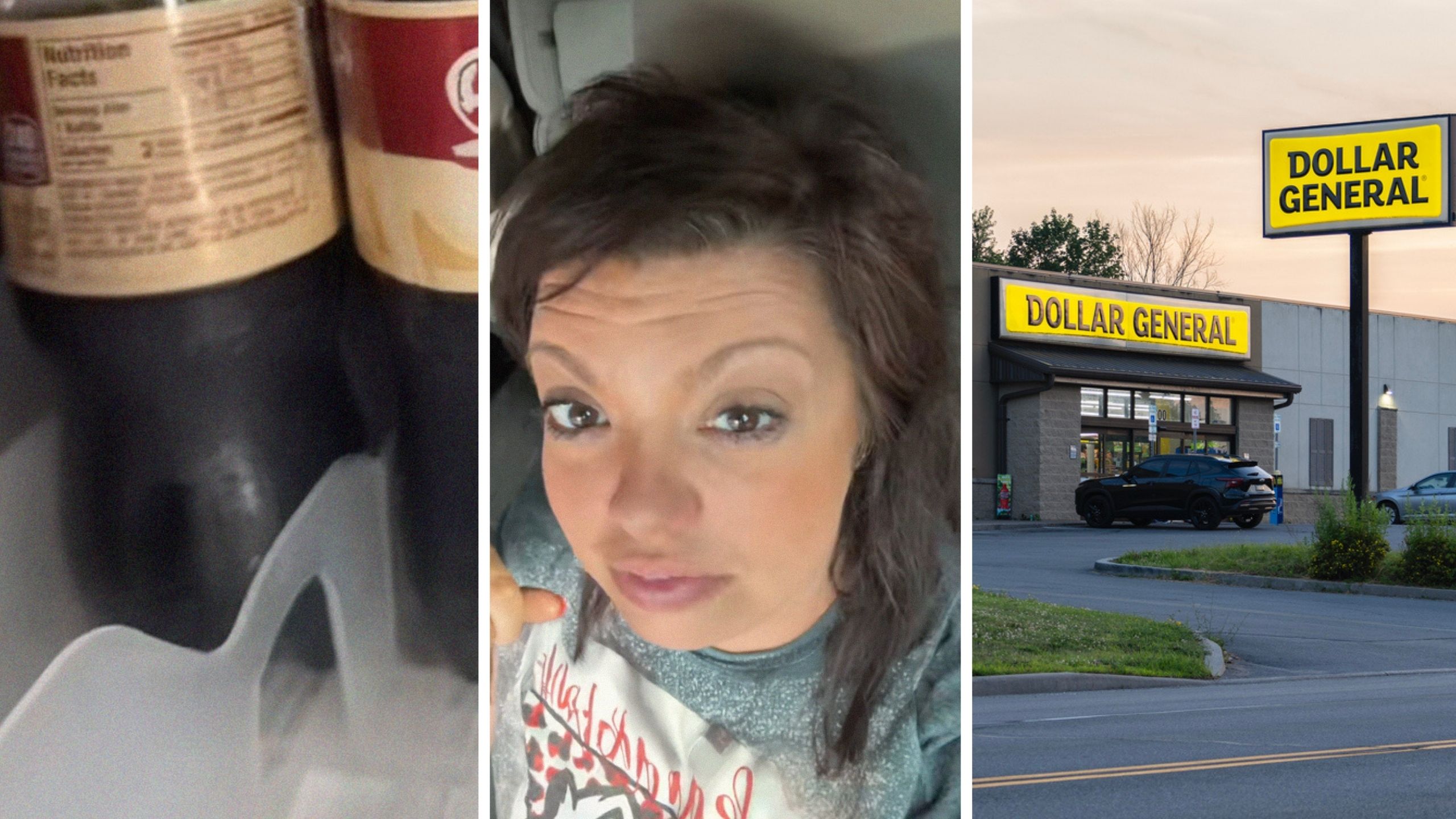 Dr. Pepper soda (l) woman shares shopping encounter (c) Dollar general store (r)