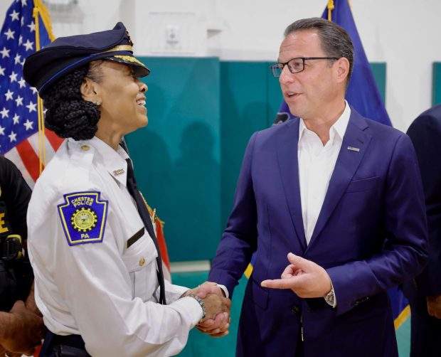 Chester Police Commissioner Katrina Blackwell on Thursday with Gov. Josh Shapiro. (COURTESY OF COMMONWEALTH MEDIA SERVICES)